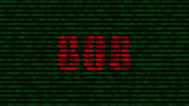 Digital error 808 concept: red binary code text on green matrix background, for cyber security, and technology themes