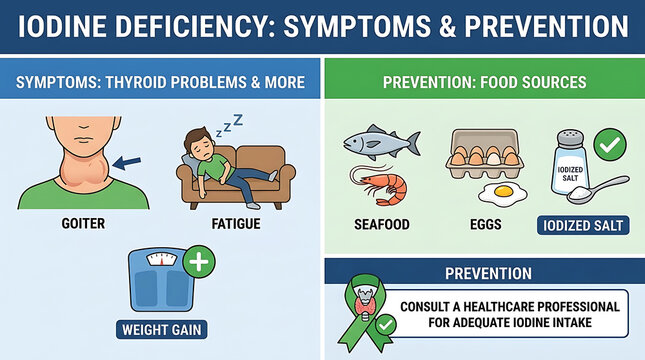 Thyroid Health Illustration Depicting Iodine Deficiency Symptoms Like Goiter Fatigue and Weight Gain Plus Nutritional Food Sources Including Seafood Salt and Eggs for Prevention and Wellness