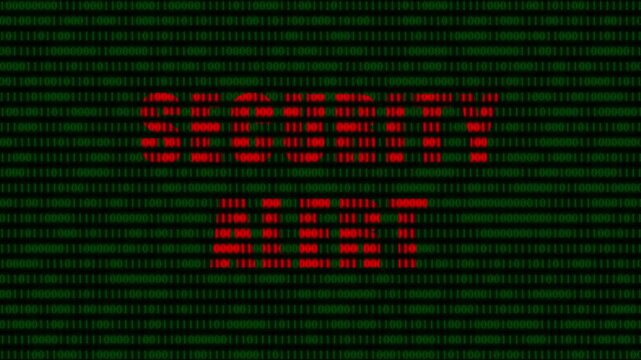 Security alert warning text on digital binary code background, cyber attack and data breach concept animation