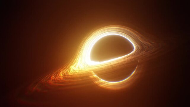Glowing black hole emerging from darkness with expanding accretion disk and cinematic cosmic energy in deep space footage
