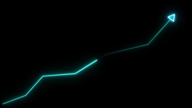 Neon glowing financial growth chart arrow moving upward, digital business success concept animation on black background