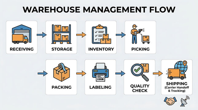 Advanced Warehouse Management Logistics Flow Diagram Illustrating Storage Receiving Inventory Control Order Picking Packing Labeling Quality Inspection Shipping Carrier Handoff Supply Chain Process
