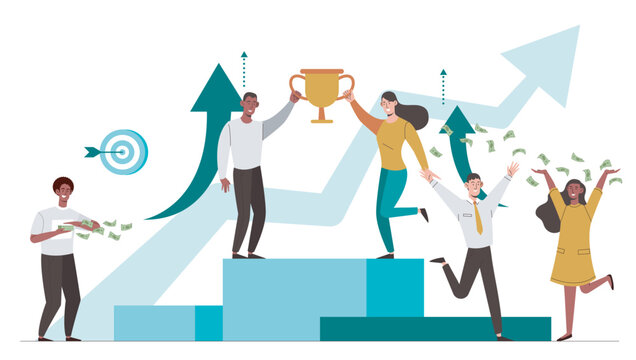 Group of people celebrating success with trophy and money in flat style on white background, symbolizing achievement and growth. Hand-drawn vector illustration