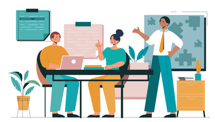 Fototapeta premium Three colleagues collaborating at a desk in a flat graphic style on a clean white background, representing teamwork and communication. Hand-drawn vector illustration
