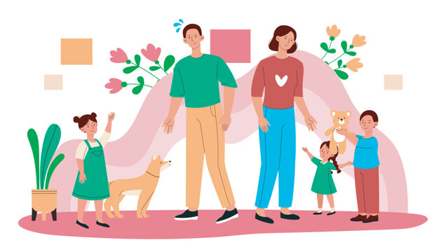 A cheerful family with children and a dog in a flat graphic style on a white background, showing togetherness as a concept of unity. Hand-drawn vector illustration