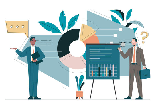 Two business people reviewing charts in flat graphic style on a light background, presenting a concept of teamwork, strategy and data analysis. Hand-drawn vector illustration