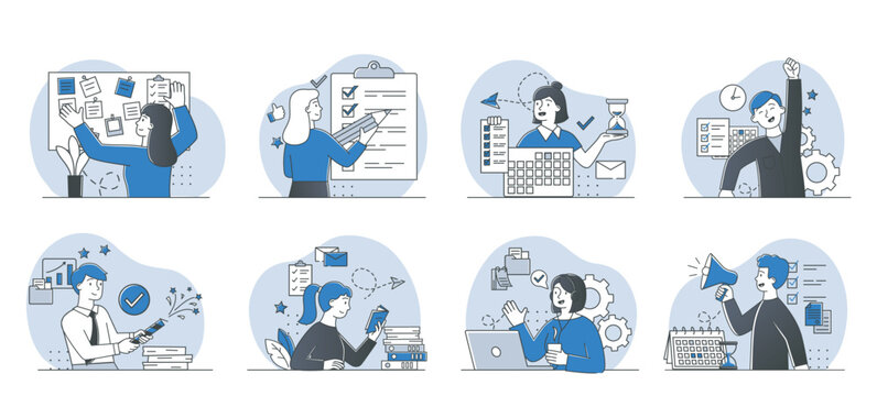 Various people performing task planning, scheduling, communication, support and productivity activities in line-art style, concept of workflow efficiency. Hand-drawn vector illustration