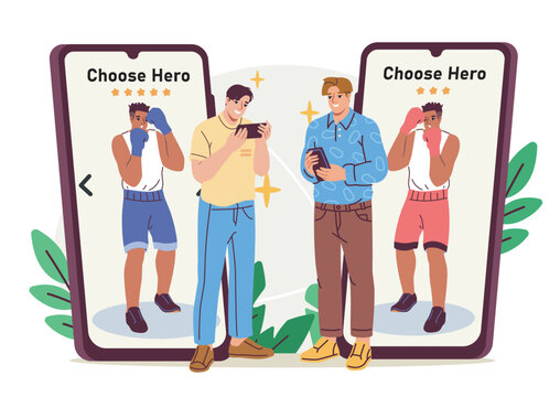 Two people selecting boxing heroes on smartphones in colorful cartoon style on light background, concept of mobile gaming choice. Hand-drawn vector illustration