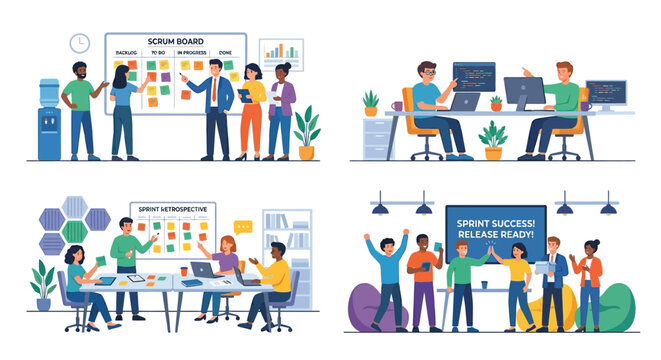Agile scrum board illustration with team meeting and project management concepts