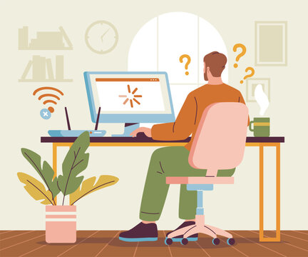 A person at a desk facing a frozen computer screen in flat style on a soft indoor background, showing concept of slow connection and digital frustration. Vector illustration