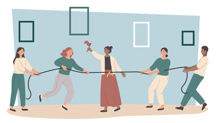 People pulling a rope in a team activity, drawn in a simple flat style, on a light background, showing teamwork and competition concept. Hand-drawn vector illustration © 100% HAND-CRAFTED