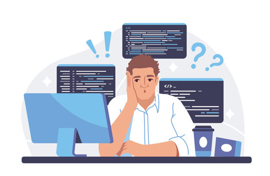A confused programmer sitting at a desk with a computer and code windows in flat style on a light background, showing the concept of coding stress. Hand-drawn vector illustration