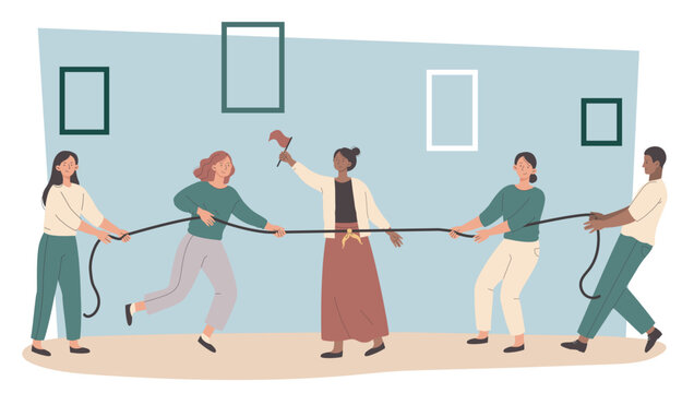 People pulling a rope in a team activity, drawn in a simple flat style, on a light background, showing teamwork and competition concept. Hand-drawn vector illustration