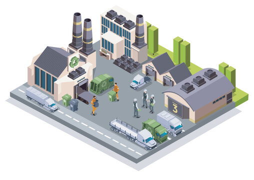 Industrial recycling facility with workers and trucks in isometric style on white background illustrating waste management concept. Hand-drawn vector illustration