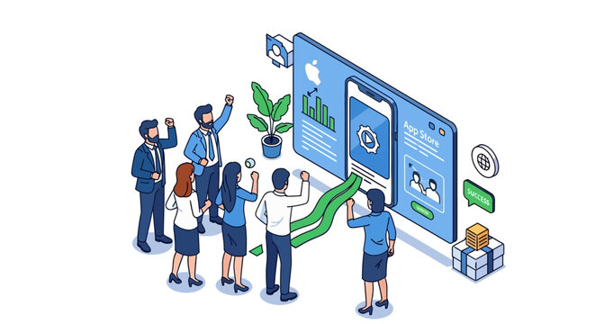 Innovative digital strategy and mobile app development process with a diverse professional team collaborating, depicted as a detailed isometric vector illustration