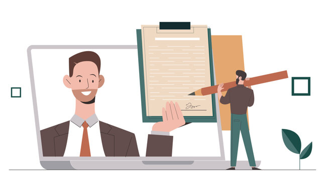 Online signing scene with a laptop figure holding a document and a person writing on white background in flat style for digital use. Hand-drawn vector illustration