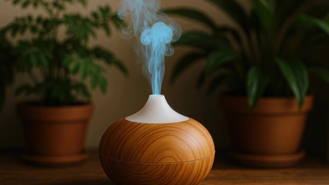 Aromatic Oasis: A wooden aroma diffuser emits a gentle stream of fragrant vapor, creating a serene and spa-like atmosphere in the indoor scene, perfect for relaxation and well-being.
