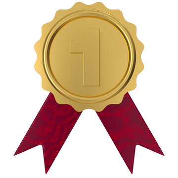 Gold Award Medal with Number One Ribbon 3D Achievement Icon Isolated on Transparent Background