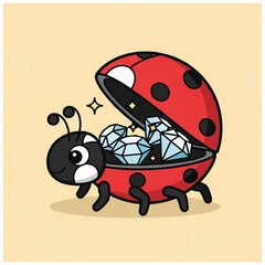 Cute Ladybug Unveiling Hidden Treasure of Diamonds. © creative