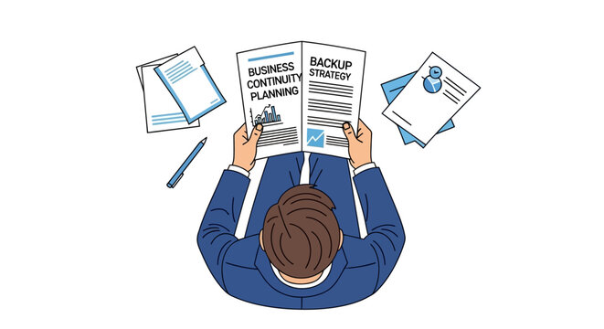 Vector illustration of a businessman reading a document titled business continuity planning and backup strategy, top-down view