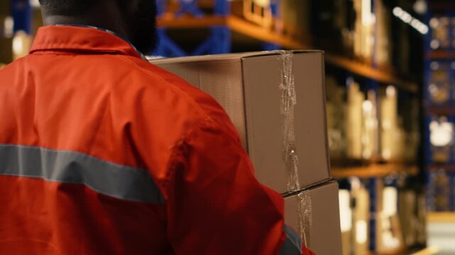 Black worker moving cargo pallets across busy warehouse floor, workforce demonstrates successful operations for express delivery. Managing merchandise and supporting large business logistics.