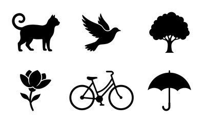 Obraz premium Vector Icon Set: Silhouette Collection of Cat, Dove, Tree, Flower, Bicycle, and Umbrella for Graphic Design and Symbolism