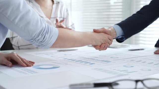 Business executives shaking hands, sealing an agreement after successful negotiations in a bright office, symbolizing partnership, collaboration, and a mutually beneficial deal signing