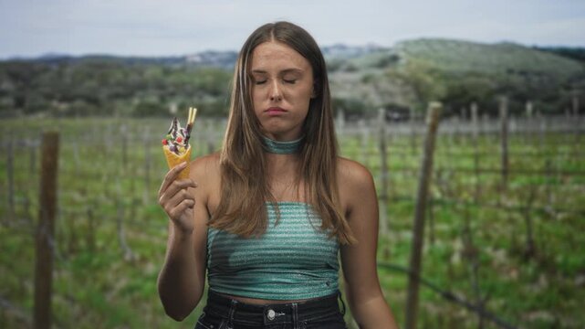 Woman holding ice cream cone with hand to mouth gesture, bare forearm visible, wearing sleeveless top and choker, looking at camera while standing in a forest vineyard row; disgust.