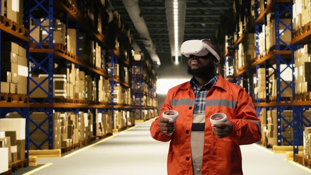 VR glasses demonstration, in warehouse facility, with black personnel working on safe cargo movement. Metaverse training helps worker understand cardboard boxes handling for distribution.