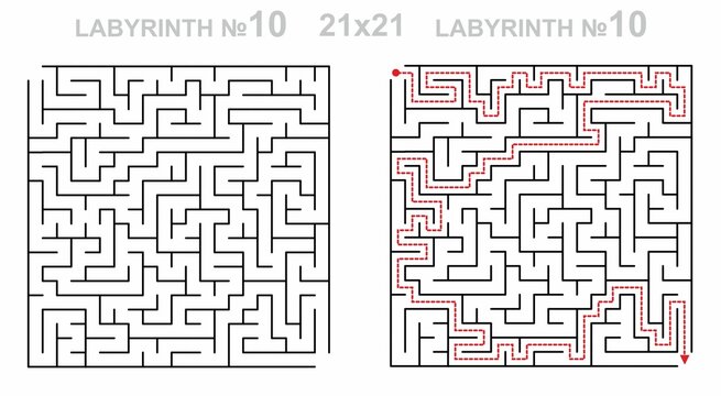 Solved maze vector 21x21 with answer. Labyrinth game grid for teens. Maze challenge with answers. Medium level.