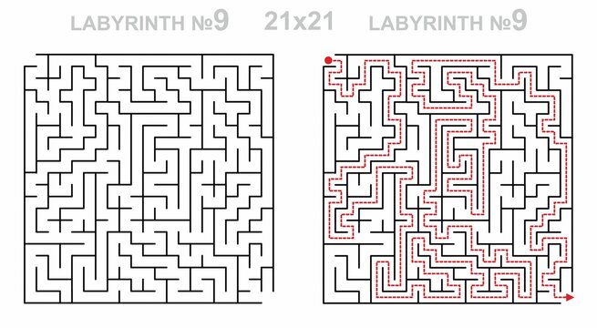 Maze challenge with answers. Complex maze path 21x21 with solution. Empty grid template for teachers. Hard.