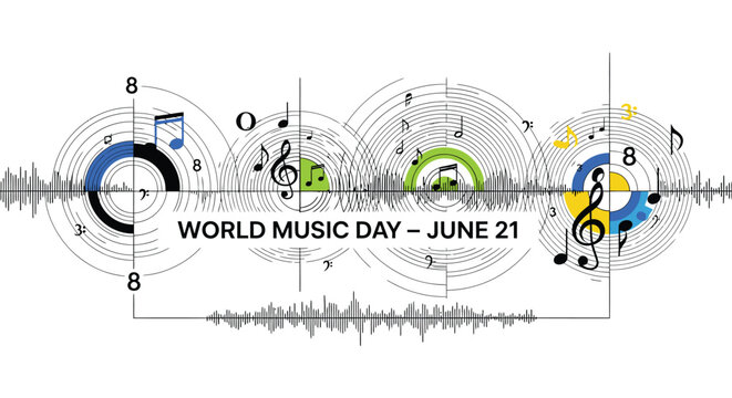 World music day june 21 musical notes sound wave graphic