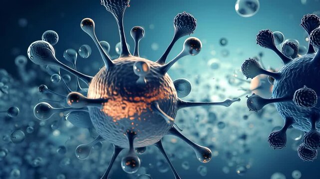 In a lab setting, tiny virus particles are shown moving through a liquid. The focus is on their shape, size, and the way they interact with the environment.