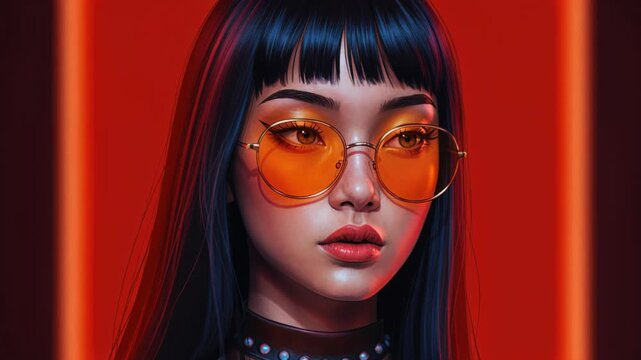Captivating Woman with Sunglasses: A stylish portrait of a woman, radiating confidence and allure, is illuminated by an orange glow, adding a touch of mystery and intrigue.