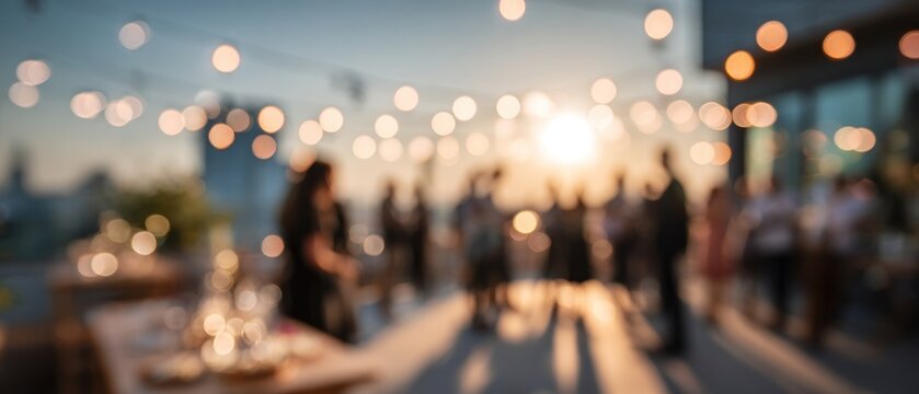 Blurred outdoor event with string lights and people socializing during sunset