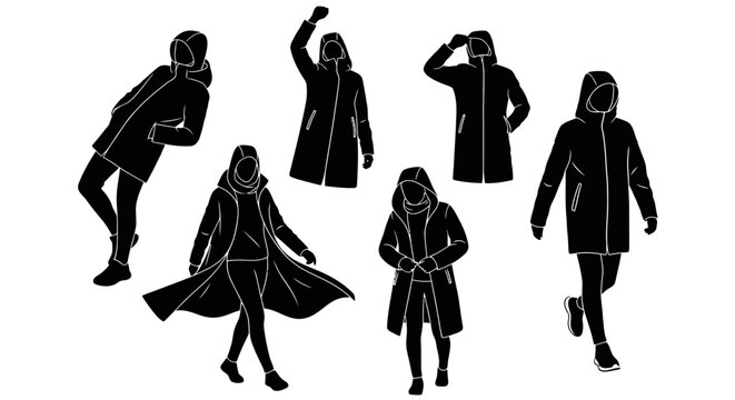 People in parkas silhouettes, set of winter coat poses