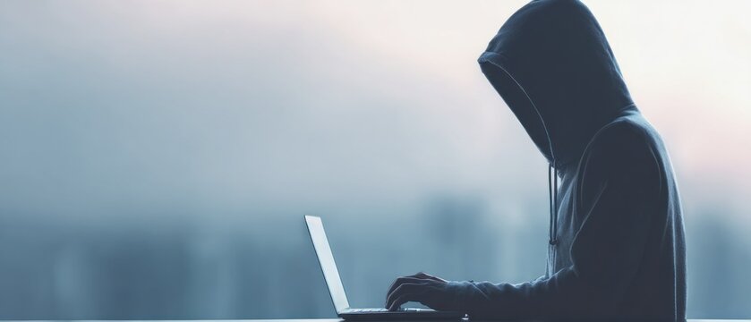 Person in hooded sweatshirt using laptop computer indoors with copy space
