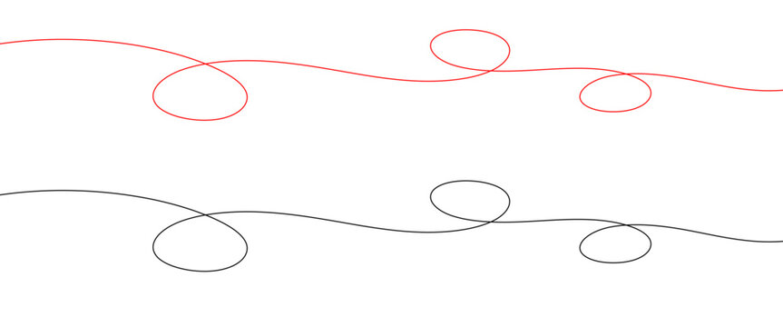 Minimalist hand drawn scribbles, black and red continuous line loops, abstract curly wire vector strokes, decorative doodle dividers for web design