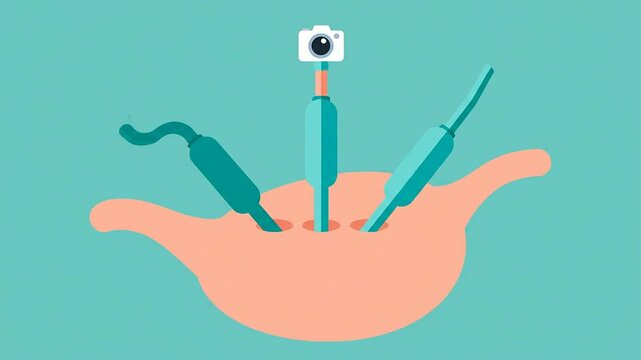 2D Flat Design Animation Featuring Laparoscopic Surgery Instruments; Modern Medical Technology Showcased in Colorful Illustrative Style