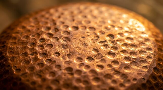Hammered copper plate with dimpled texture in warm light