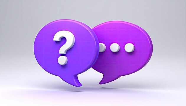 Purple speech bubbles with question mark and ellipsis against a grey background