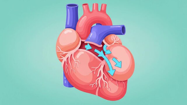2D Flat Design Animation of Atrial Septal Defect (ASD) in the Heart Highlighting Blood Flow Dynamics on a Soft Blue Background