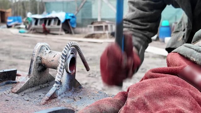 Close-up of a male worker manually bending a steel rebar using a hammer around a metal mounting eye on a steel plate. Outdoor industrial environment. The process shows physical metal shaping