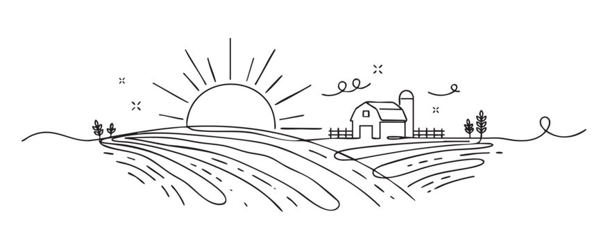 Minimalist vector illustration of a sunrise over farm fields with a barn and silo, representing an organic agriculture and sustainability concept on a transparent background