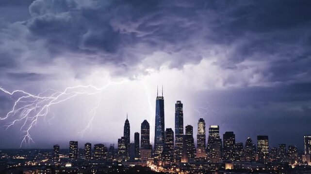 City Skyline Lightning Strike Dramatizing Night Storm Over Modern Urban Landscape