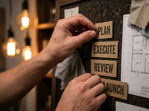 Close-up of hands thoughtfully arranging strategic action steps on a cork board, symbolizing a focused approach to project development and successful implementation