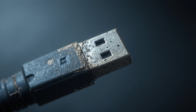 Macro View of a Dirty and Weathered USB Connector Plug on a Dark Background
