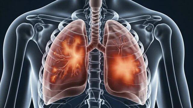4K CGI Animation of Severe Pneumonia Recovery Struggle with Highlighted Lung Inflammation Against Dark Background