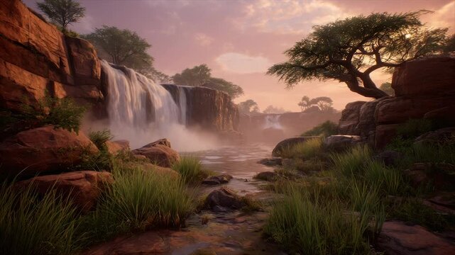 A cascading waterfall flows into a tranquil river, framed by reddish rock and lush greenery