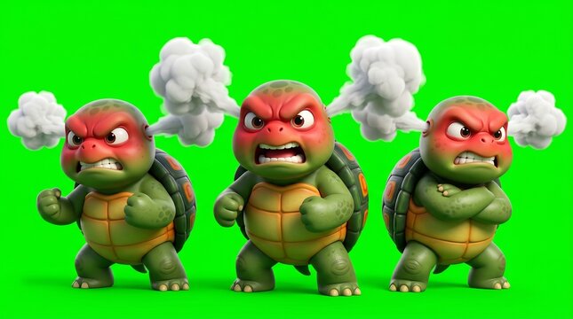 Three Cartoon Turtles Expressing Anger with Steam Clouds.